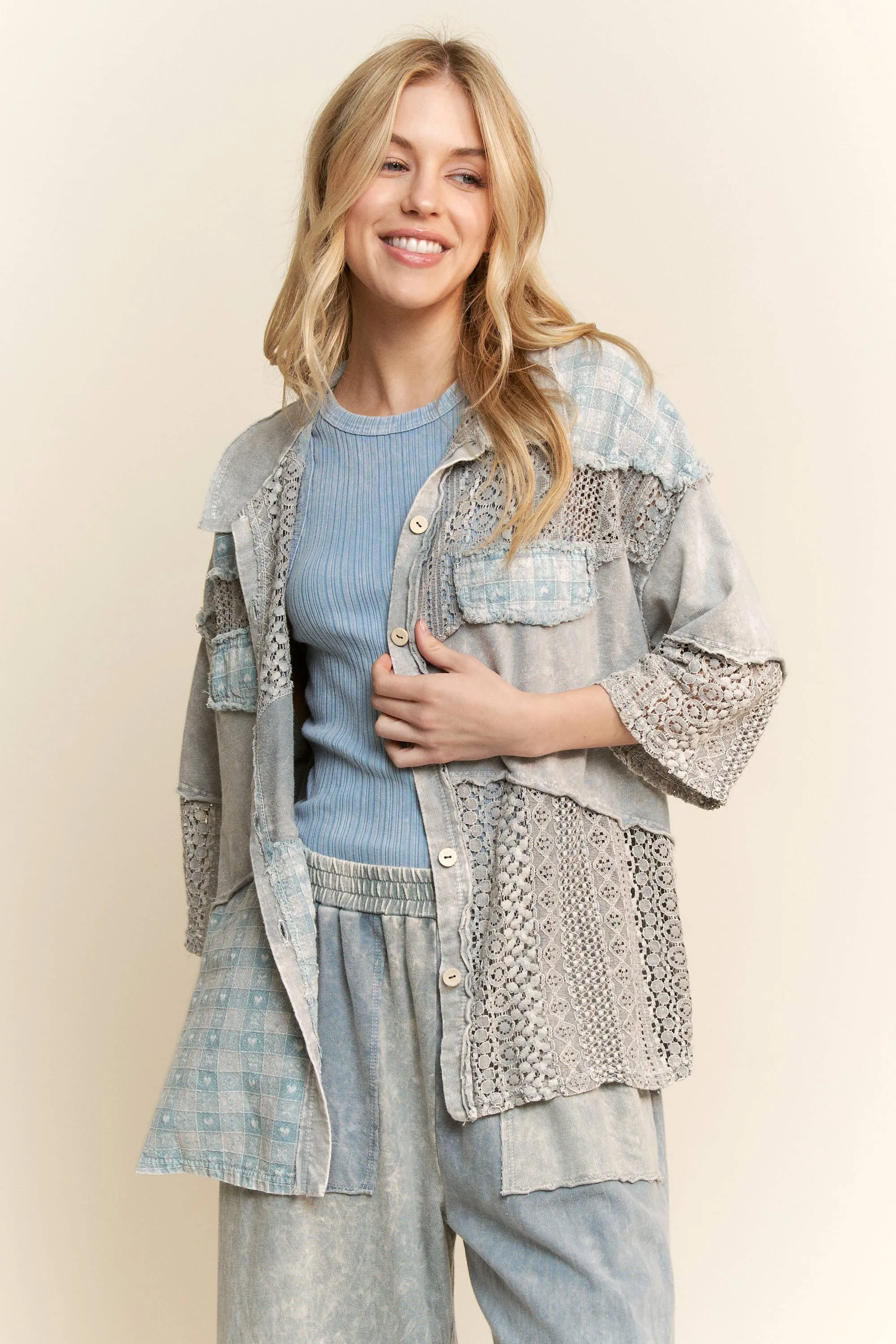 Silver Grey Mineral Washed Valentines Lace Short Sleeve Shacket