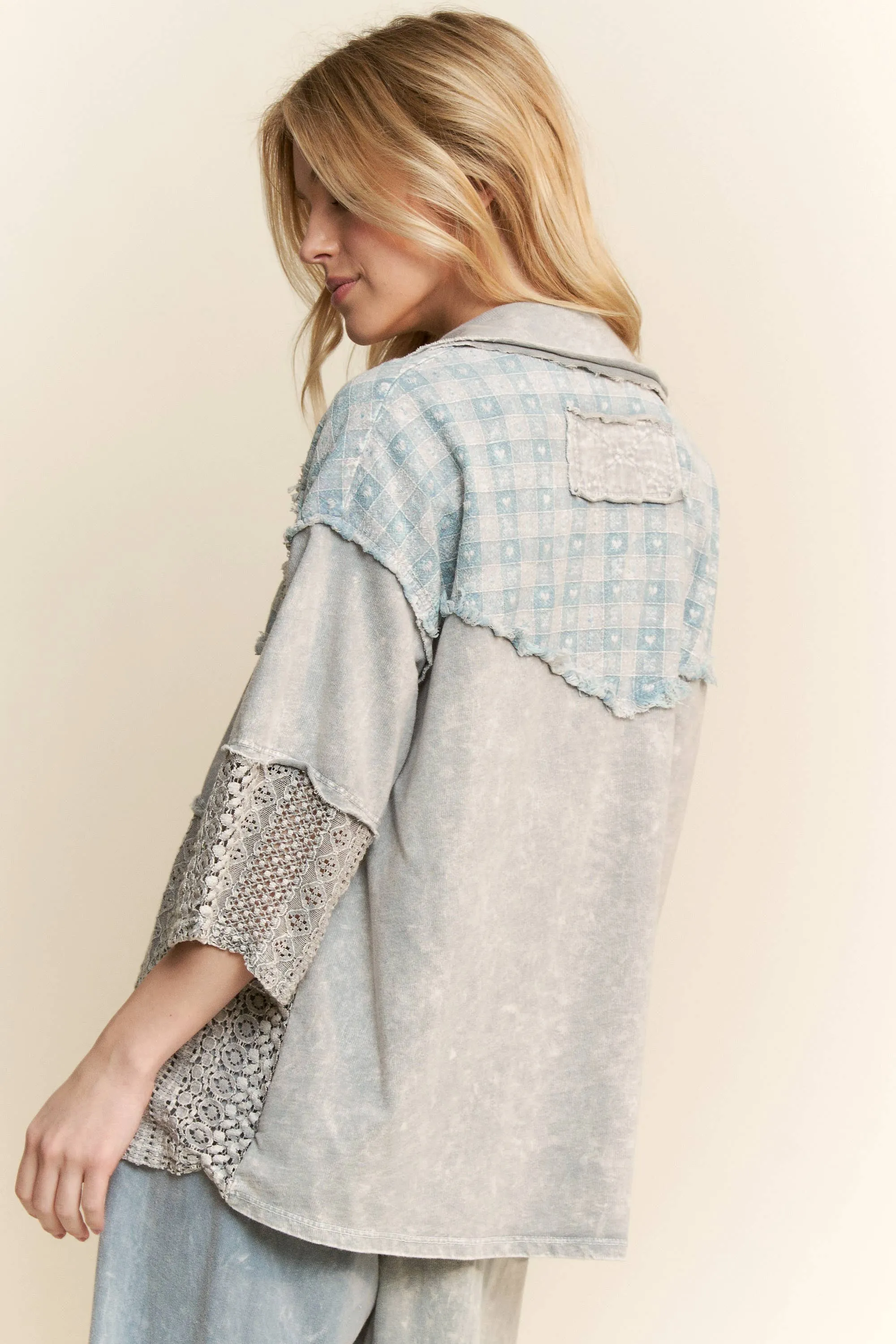 Silver Grey Mineral Washed Valentines Lace Short Sleeve Shacket