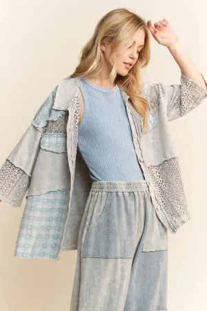 Silver Grey Mineral Washed Valentines Lace Short Sleeve Shacket