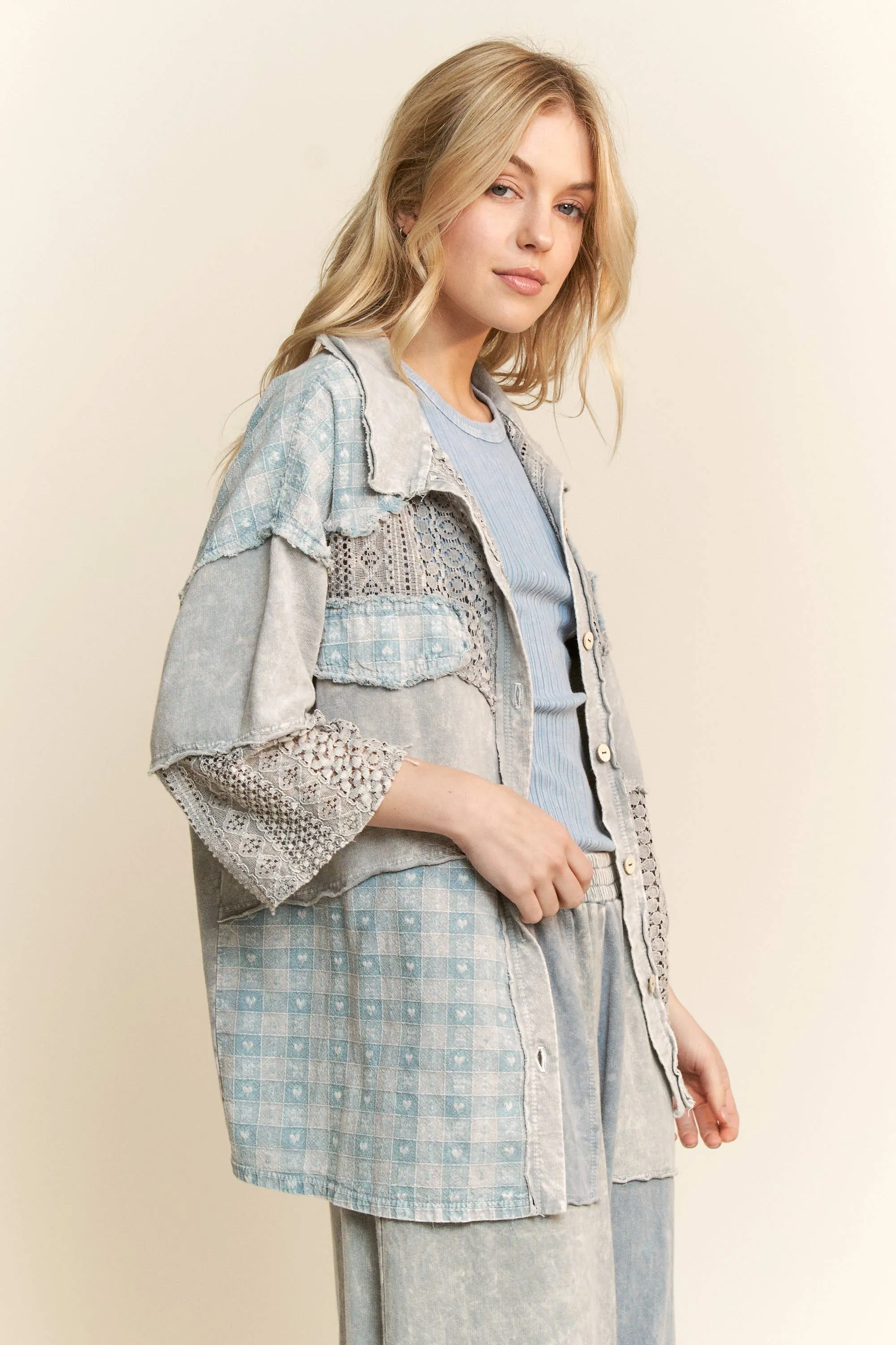 Silver Grey Mineral Washed Valentines Lace Short Sleeve Shacket