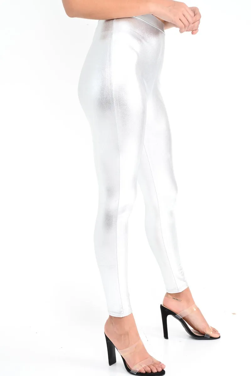 Silver Metallic PU Leggings - Rio