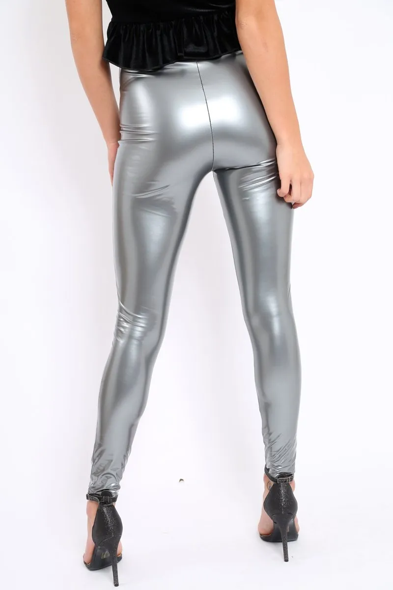 Silver Shiny Vinyl PU Leggings - Rio