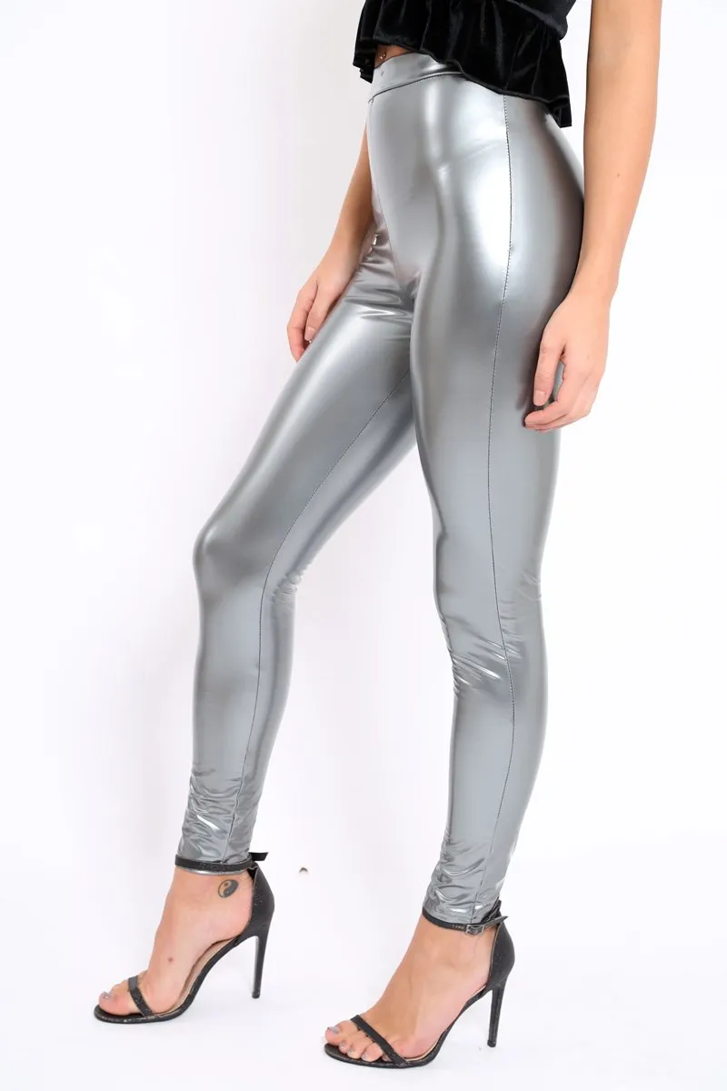 Silver Shiny Vinyl PU Leggings - Rio