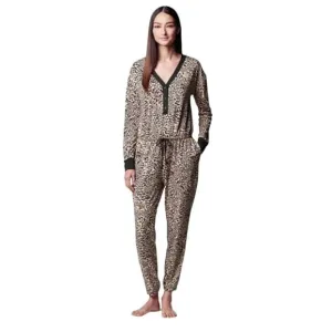 Simply Vera Wang Womens Black Tan Leopard Long Sleeve Onesie Pajamas Sz M NWT