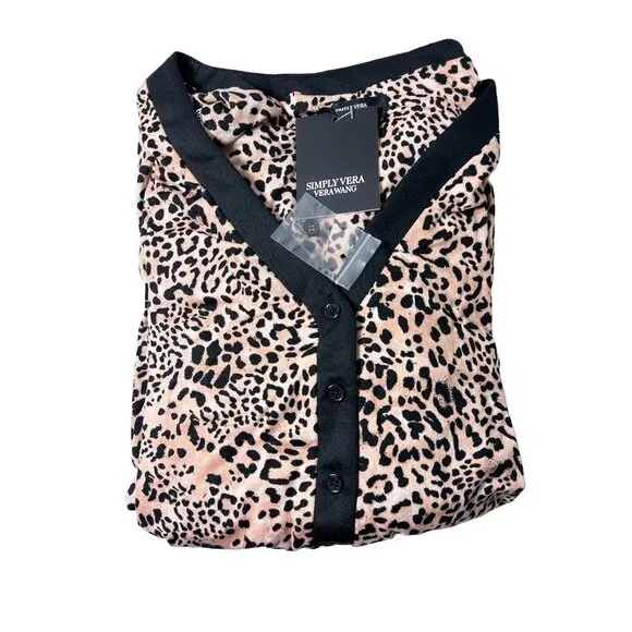 Simply Vera Wang Womens Black Tan Leopard Long Sleeve Onesie Pajamas Sz M NWT