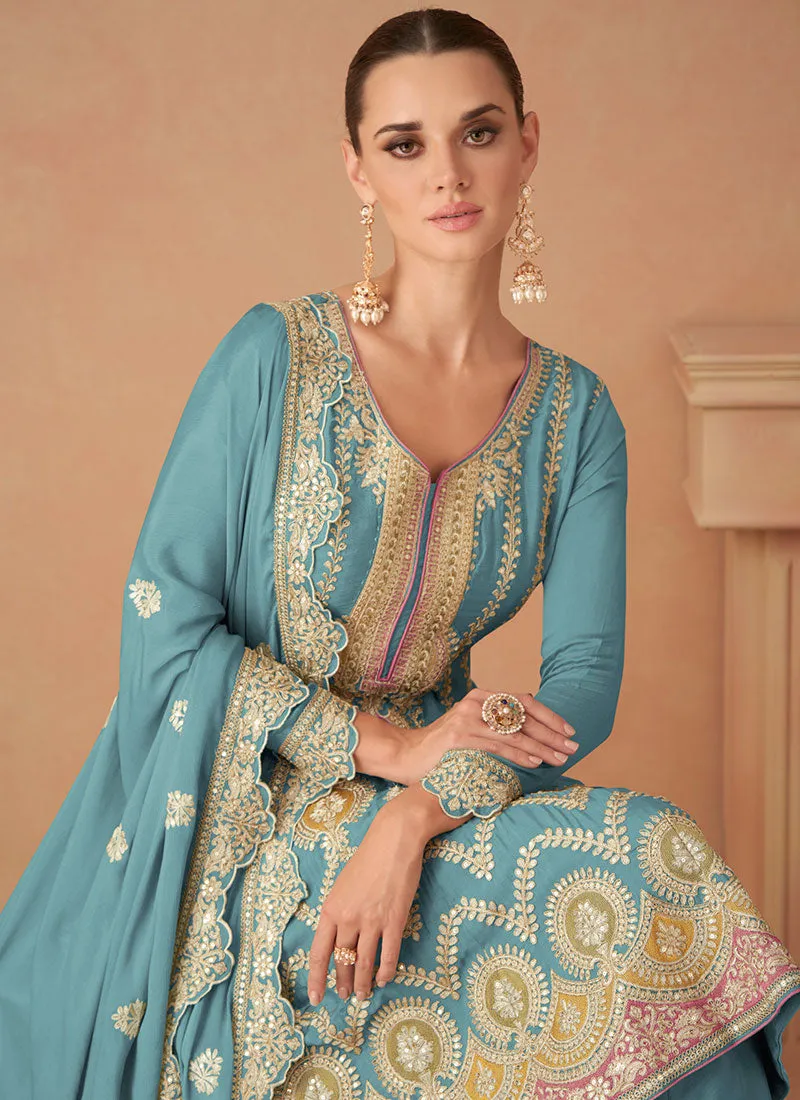 Sky Blue Multi Embroidery Wedding Sharara Suit