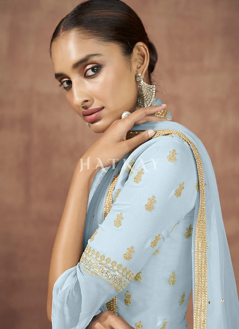 Sky Blue Sequence Embroidered Peplum Style Lehenga Choli