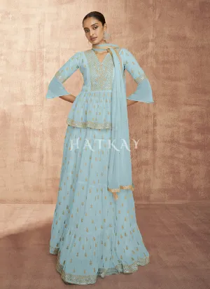 Sky Blue Sequence Embroidered Peplum Style Lehenga Choli