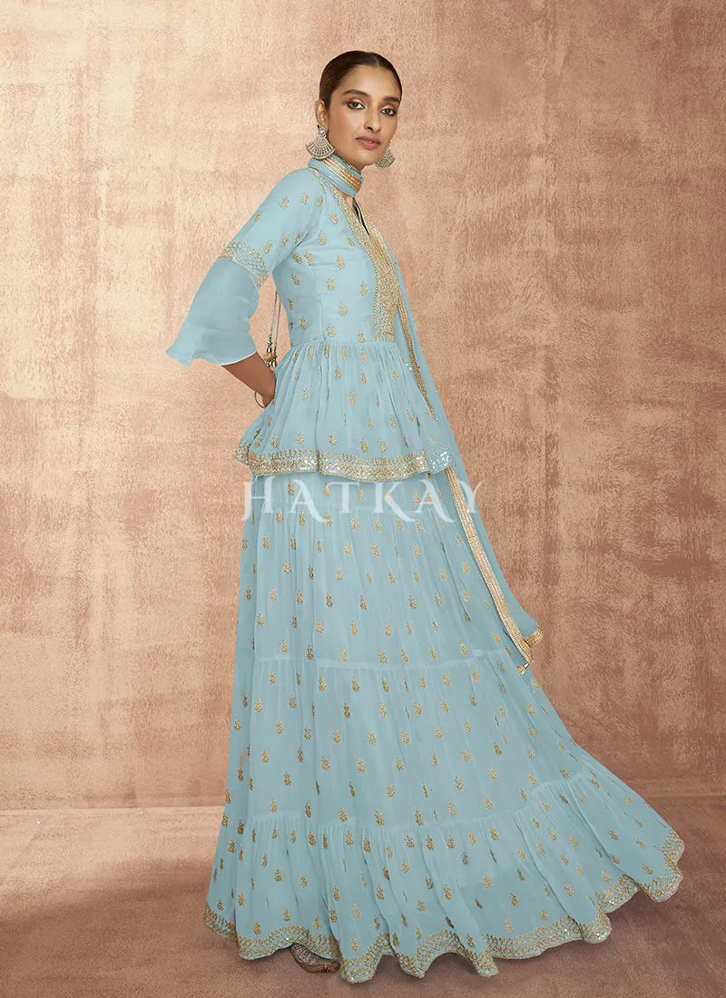 Sky Blue Sequence Embroidered Peplum Style Lehenga Choli