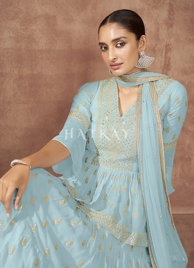 Sky Blue Sequence Embroidered Peplum Style Lehenga Choli