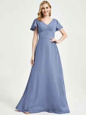 Slate Blue Ruffle Sleeves V-Neck Maxi Chiffon Empire Bridesmaid Dress