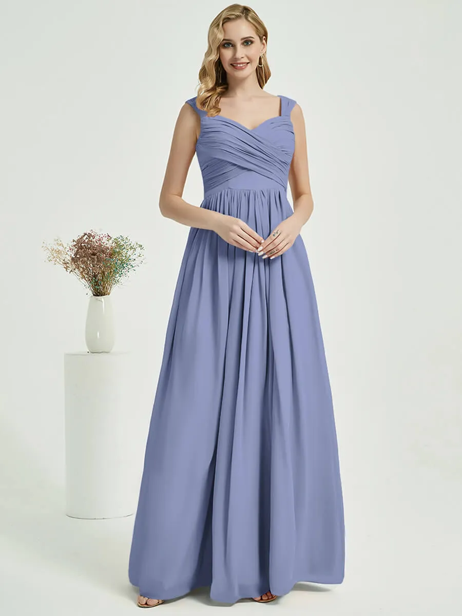 Slate Blue Sweetheart Backless V-Neck Chiffon Maxi Bridesmaid Dress