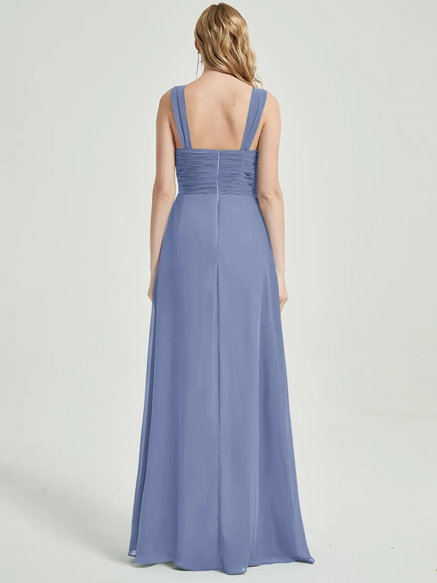 Slate Blue Sweetheart Straps A-Line Maxi Chiffon Bridesmaid Dress
