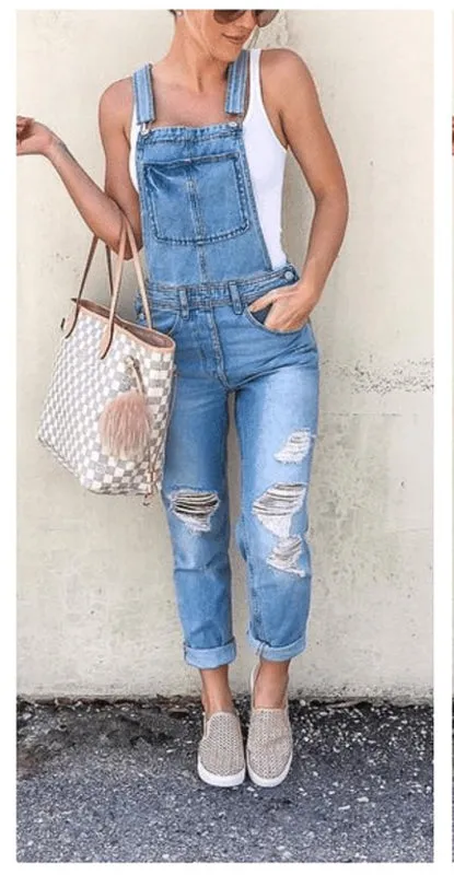 Slim Fit Women's Overall Jumpsuit Breathable Denim Ripped Jeans