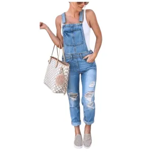Slim Fit Women's Overall Jumpsuit Breathable Denim Ripped Jeans