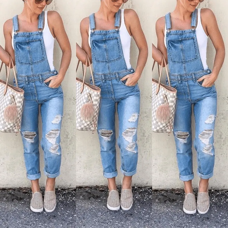 Slim Fit Women's Overall Jumpsuit Breathable Denim Ripped Jeans