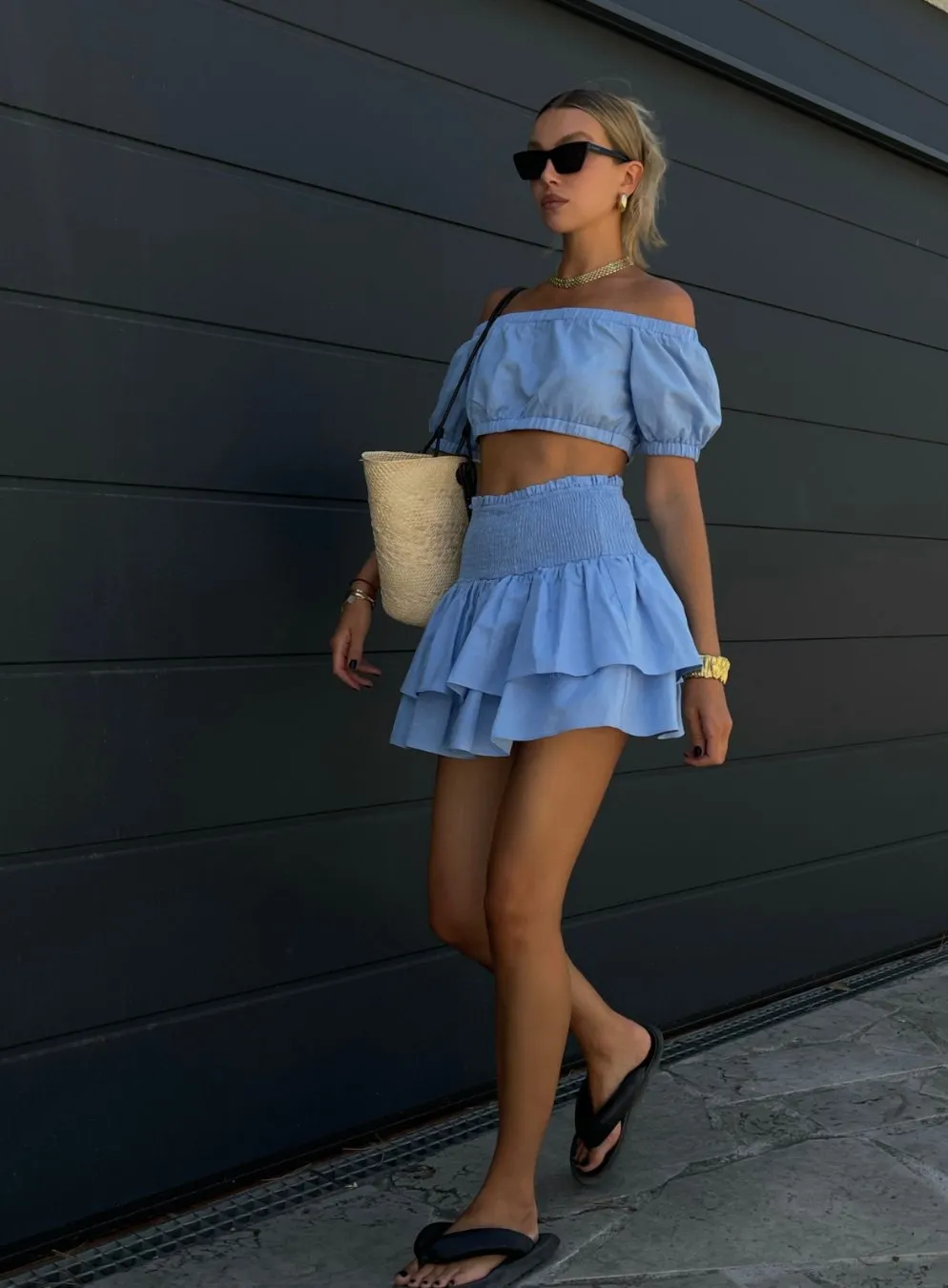 Smock Tiered Ruffle Sky Blue Mini Skirt