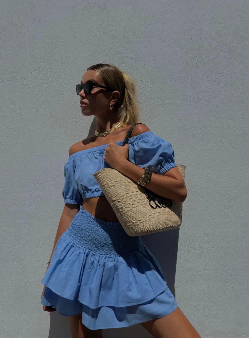 Smock Tiered Ruffle Sky Blue Mini Skirt