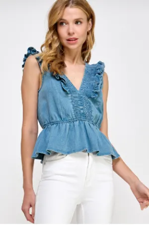 Smocked Detail Ruffle Denim Top