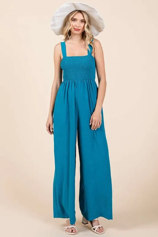 Smocked Wide Strap Wide Leg Overalls
