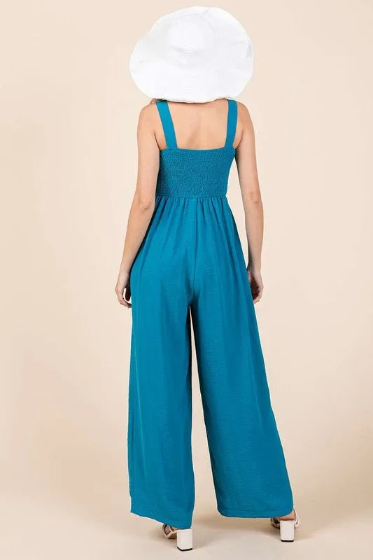 Smocked Wide Strap Wide Leg Overalls