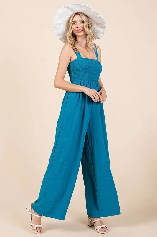 Smocked Wide Strap Wide Leg Overalls