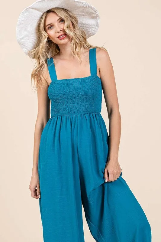 Smocked Wide Strap Wide Leg Overalls