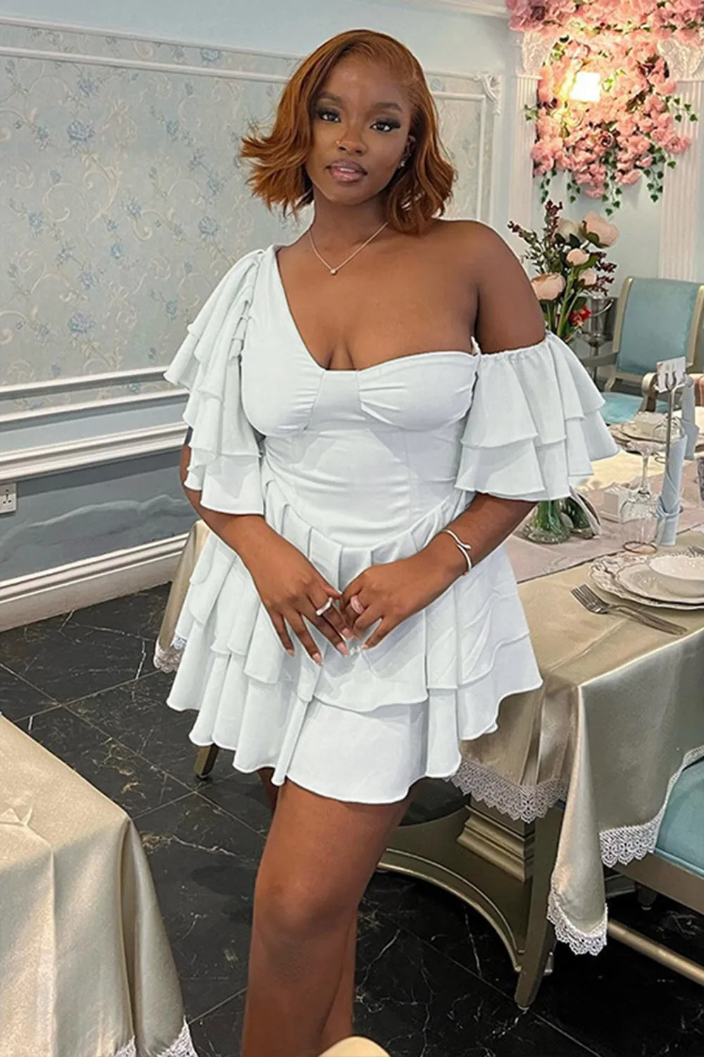 Solid Color Off Shoulder Cinch Waist Ruffled Mini Dresses-Beige