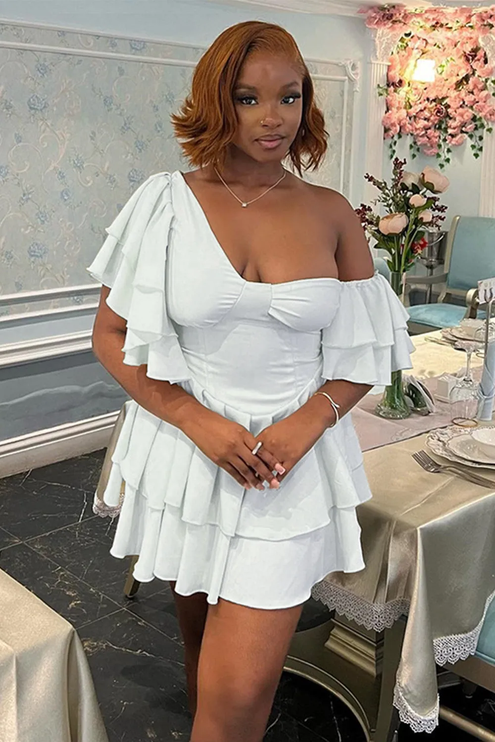 Solid Color Off Shoulder Cinch Waist Ruffled Mini Dresses-Beige