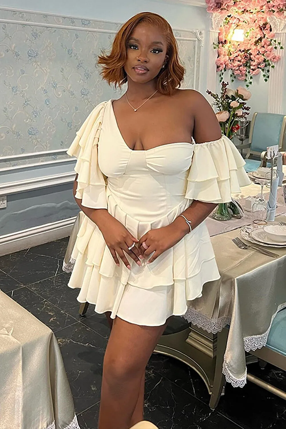 Solid Color Off Shoulder Cinch Waist Ruffled Mini Dresses-Beige