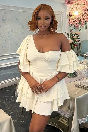 Solid Color Off Shoulder Cinch Waist Ruffled Mini Dresses-Beige