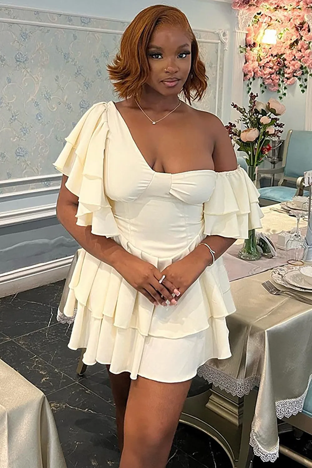 Solid Color Off Shoulder Cinch Waist Ruffled Mini Dresses-Beige