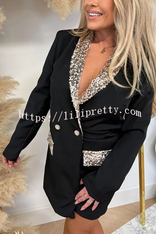 Solid Color Sequined Lapel Long Sleeve Waist Slim Fit Rompers