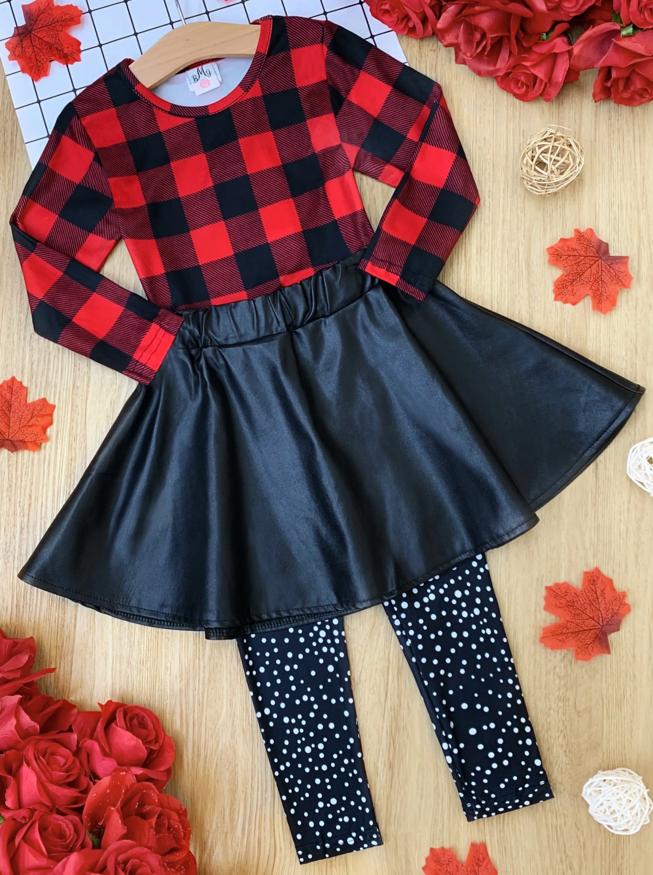Spotted In Plaid Top, Skirt and Legging Set