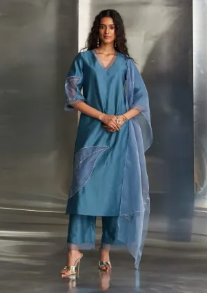 Steel blue chanderi kurta set