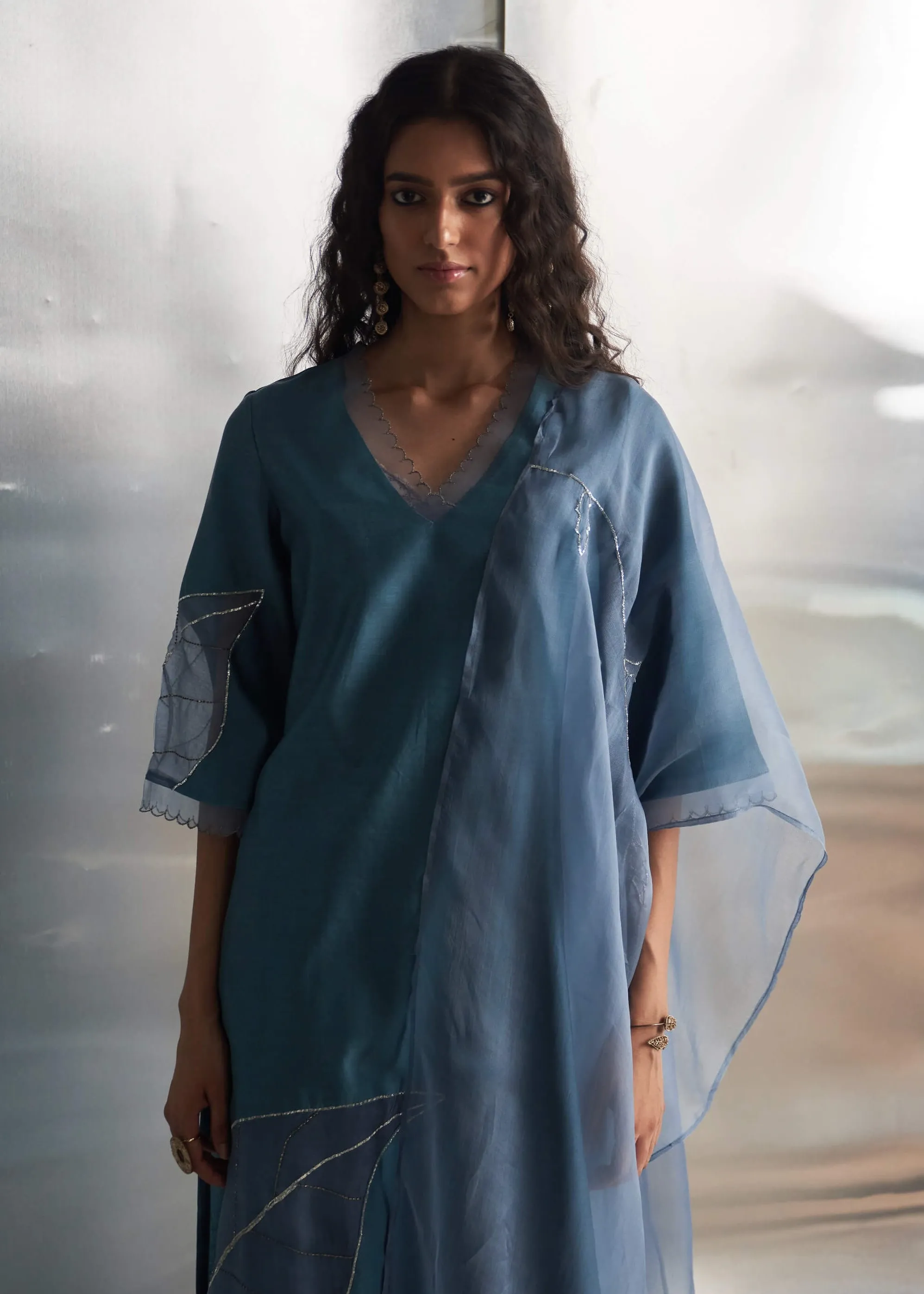 Steel blue chanderi kurta set