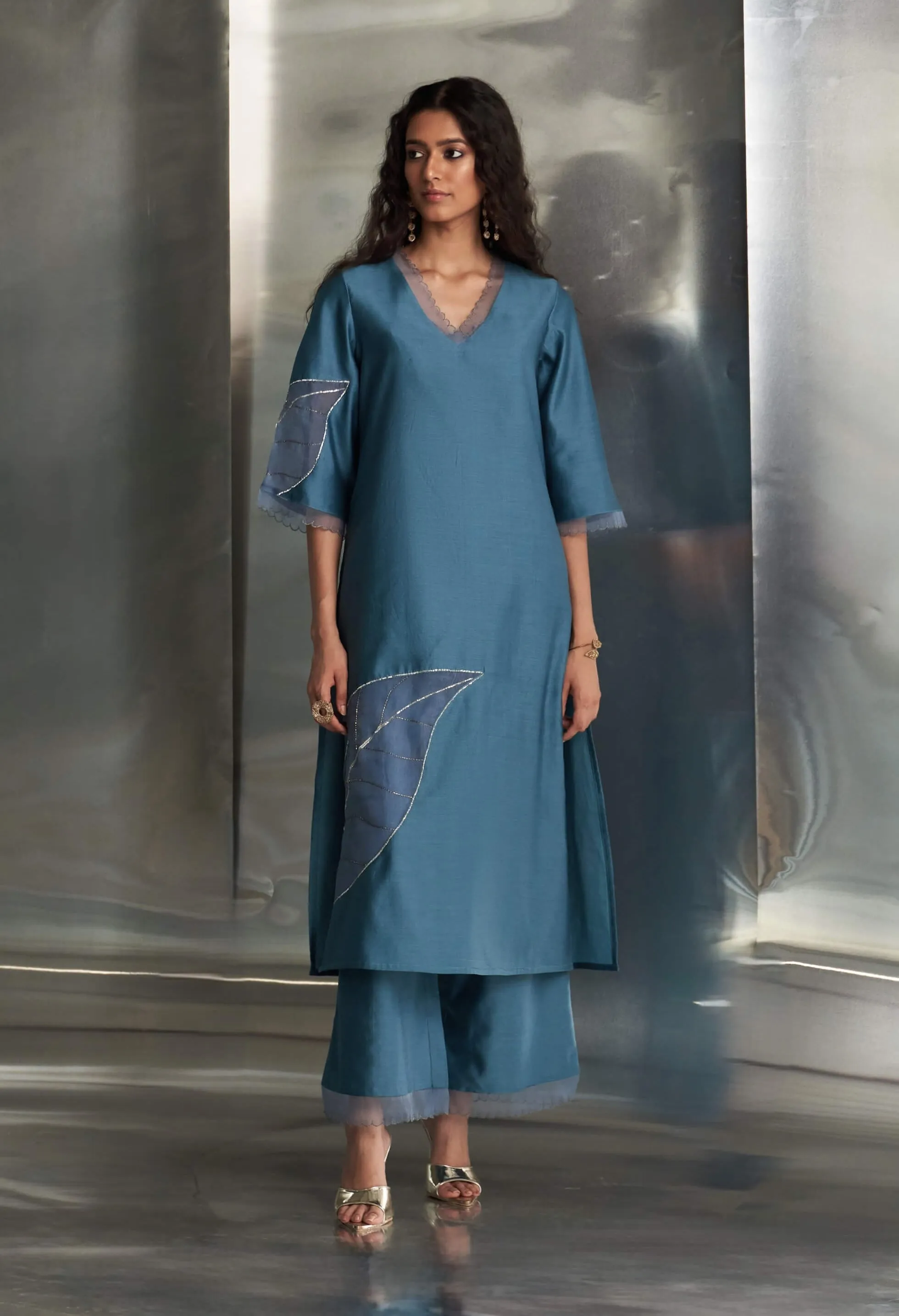 Steel blue chanderi kurta set