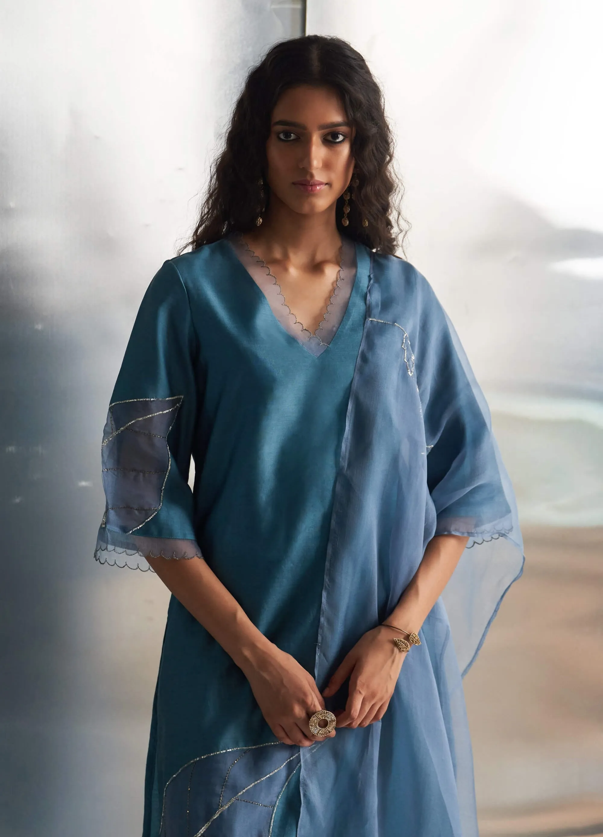 Steel blue chanderi kurta set