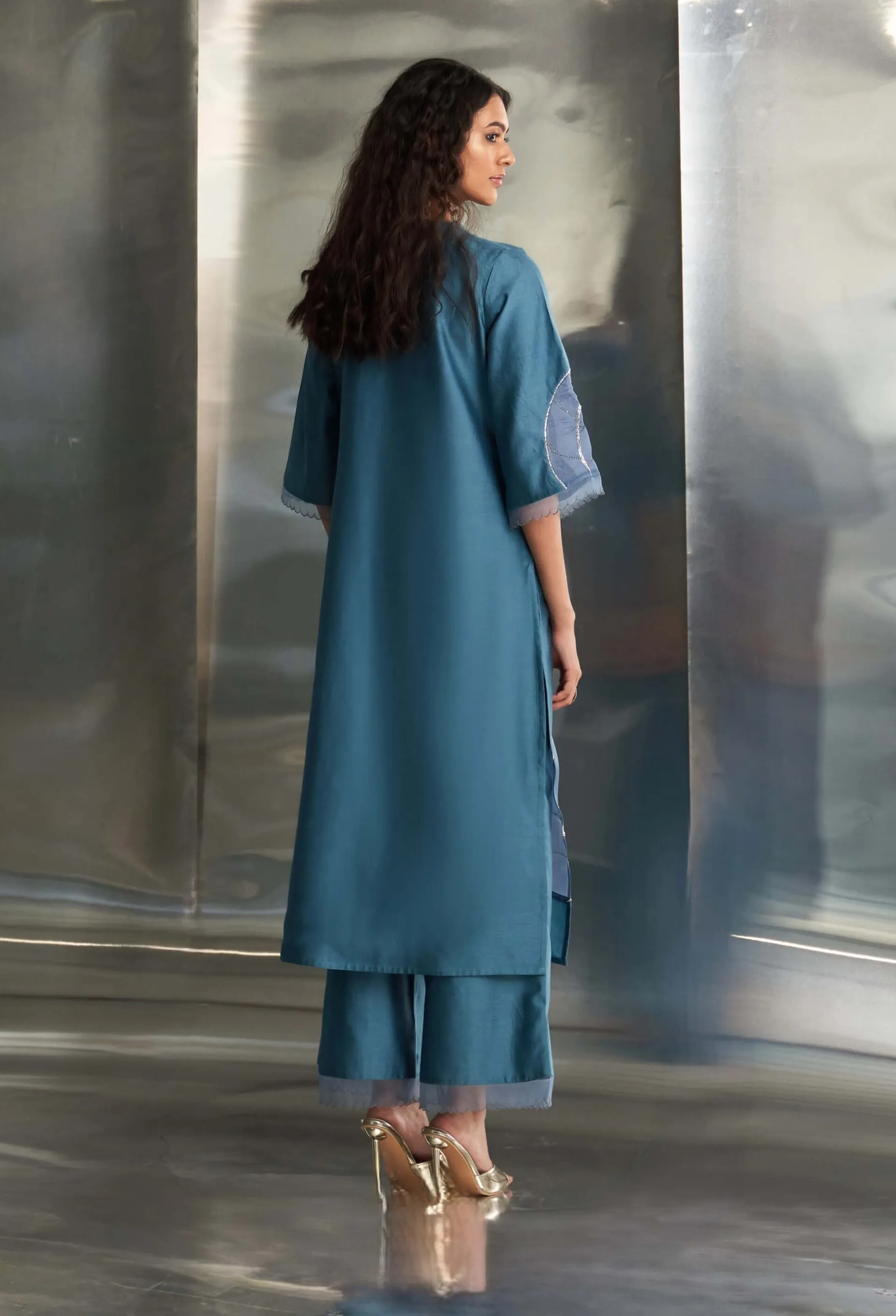 Steel blue chanderi kurta set