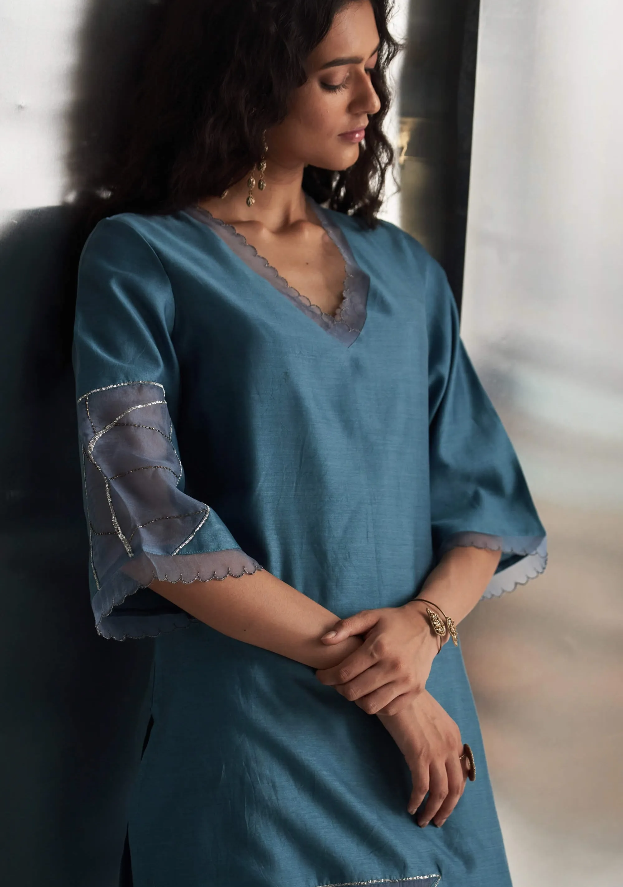 Steel blue chanderi kurta set