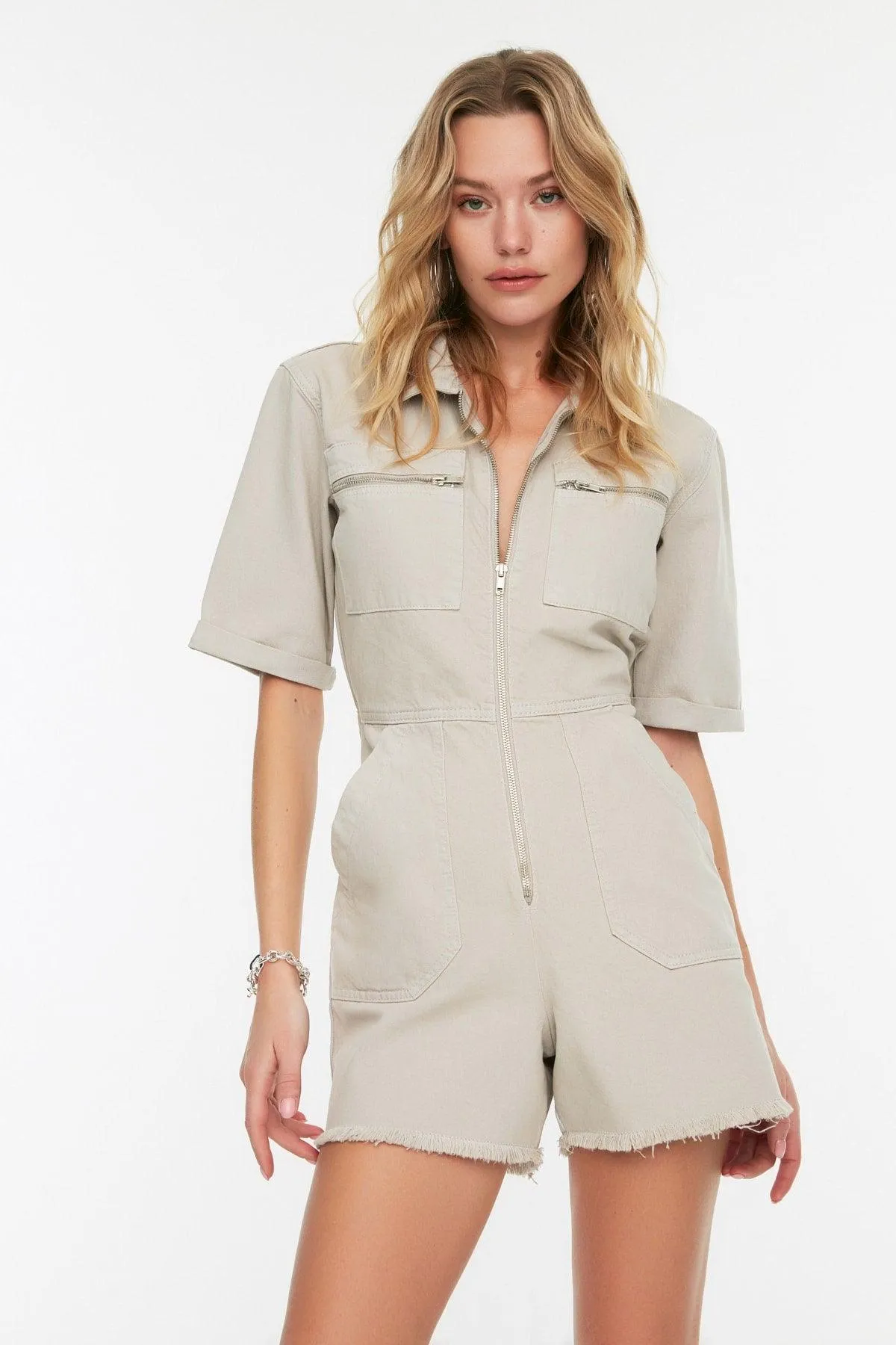 Stone Waist Elastic Denim Shorts Overalls TWOSS20TU0122