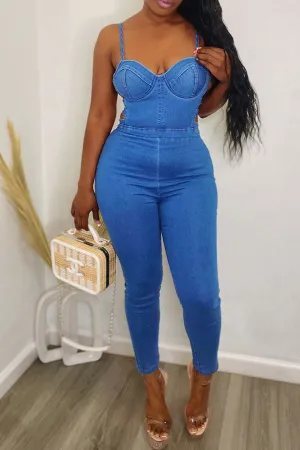 storexq Blue Classic Cutout Denim Jumpsuit