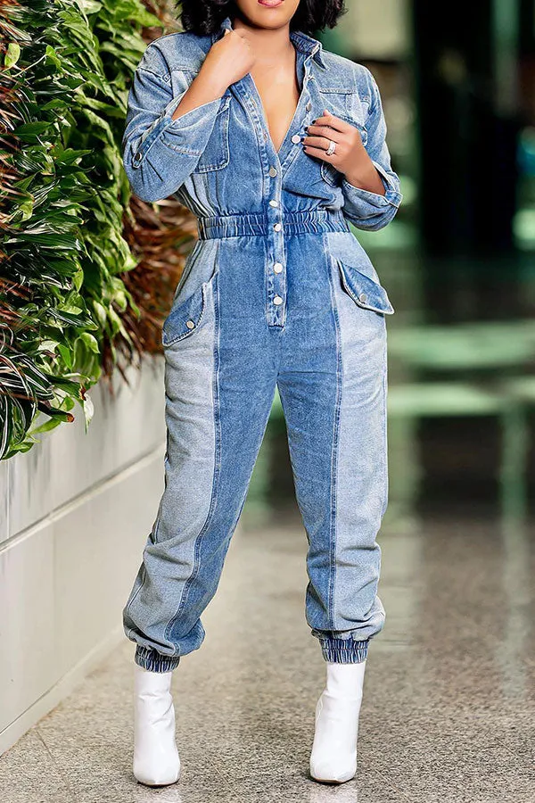 storexq Color Block Feminine Pocket Denim Jumpsuit