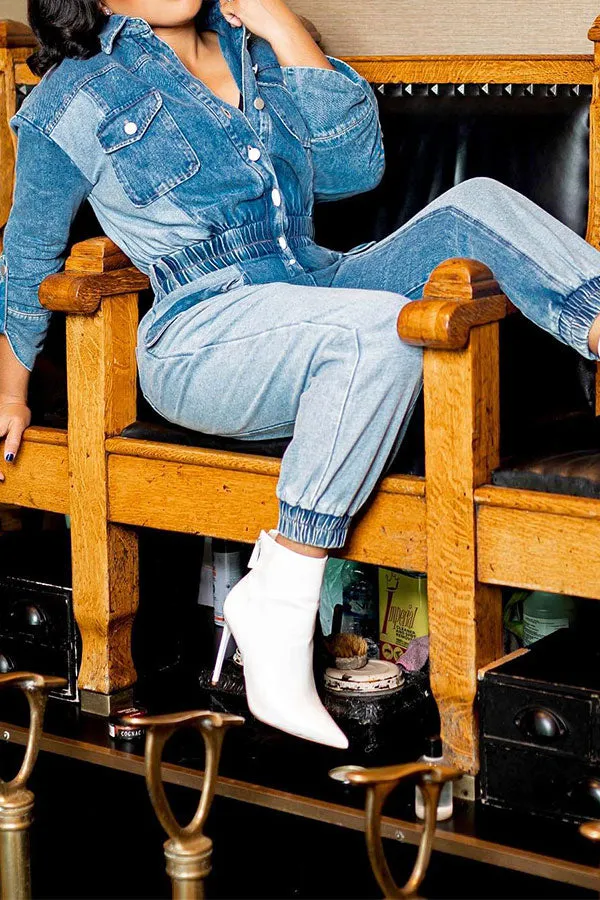 storexq Color Block Feminine Pocket Denim Jumpsuit