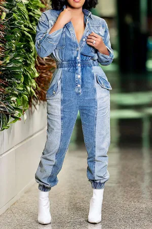 storexq Color Block Feminine Pocket Denim Jumpsuit