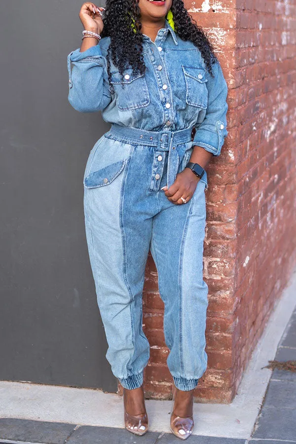 storexq Color Block Feminine Pocket Denim Jumpsuit