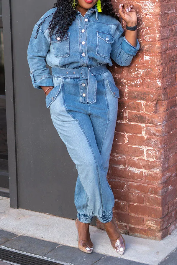 storexq Color Block Feminine Pocket Denim Jumpsuit