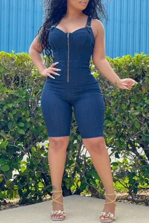 storexq Solid Color Modern Bodycon Denim Romper