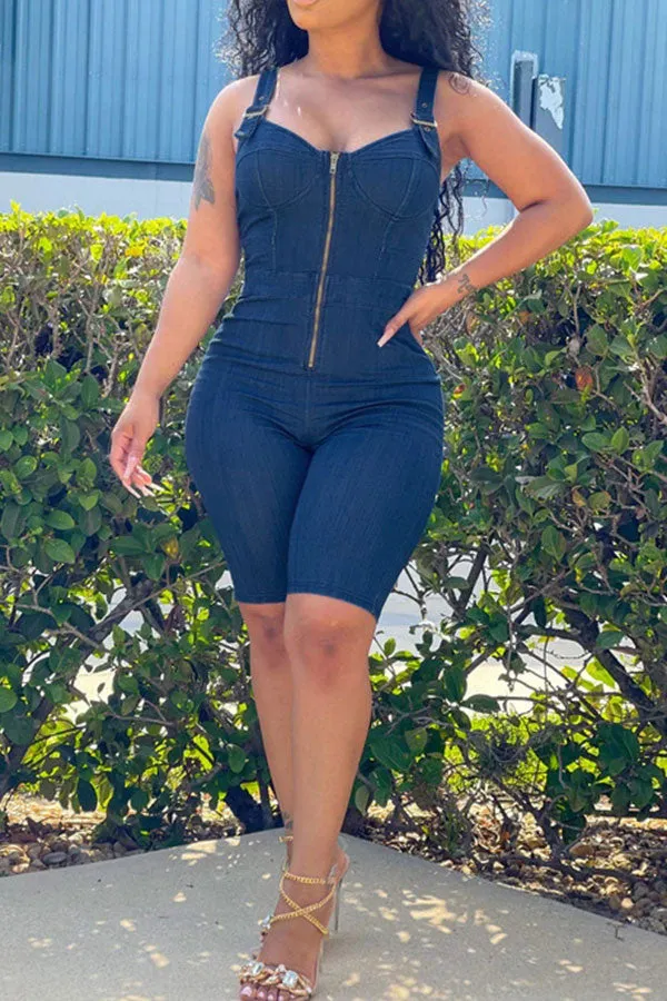 storexq Solid Color Modern Bodycon Denim Romper