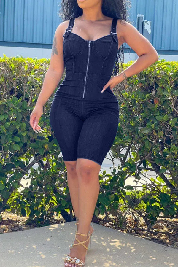storexq Solid Color Modern Bodycon Denim Romper
